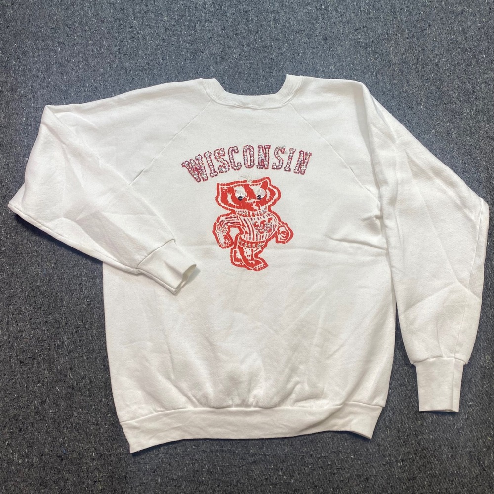 Wisconsin Badgers Sweatshirt Sz L Womens White Sequin Beaded Raglan Vintage 90s - Picture 5 of 9